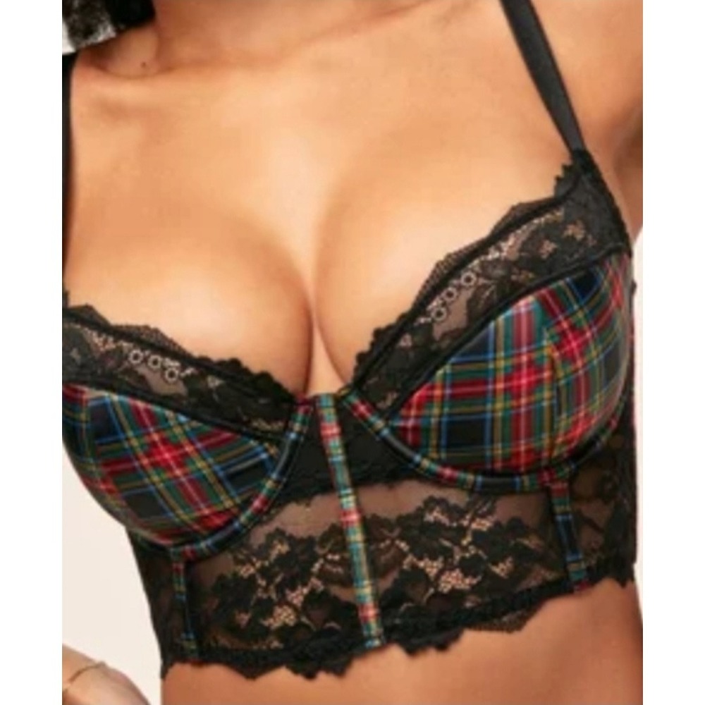 New Adore Me women 32C Tartan plaid lace bra underwire Sexy Goth Grunge #1147
